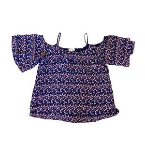 Soulmates Womens 1X Off-Shoulder Top With Spaghetti Straps Blue/Red Floral Print